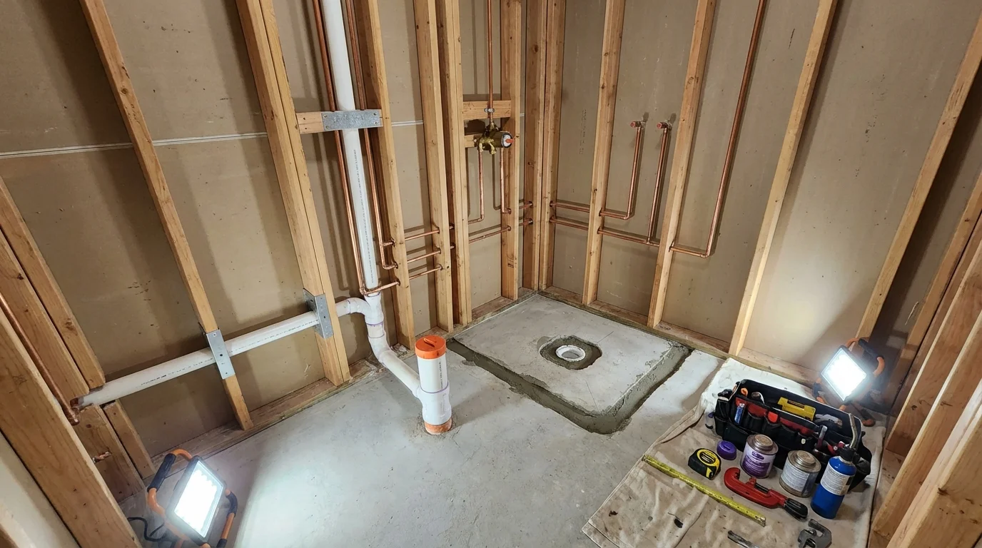Bathroom rough-in plumbing during remodel by Johns Plumbing LLC in Sumrall