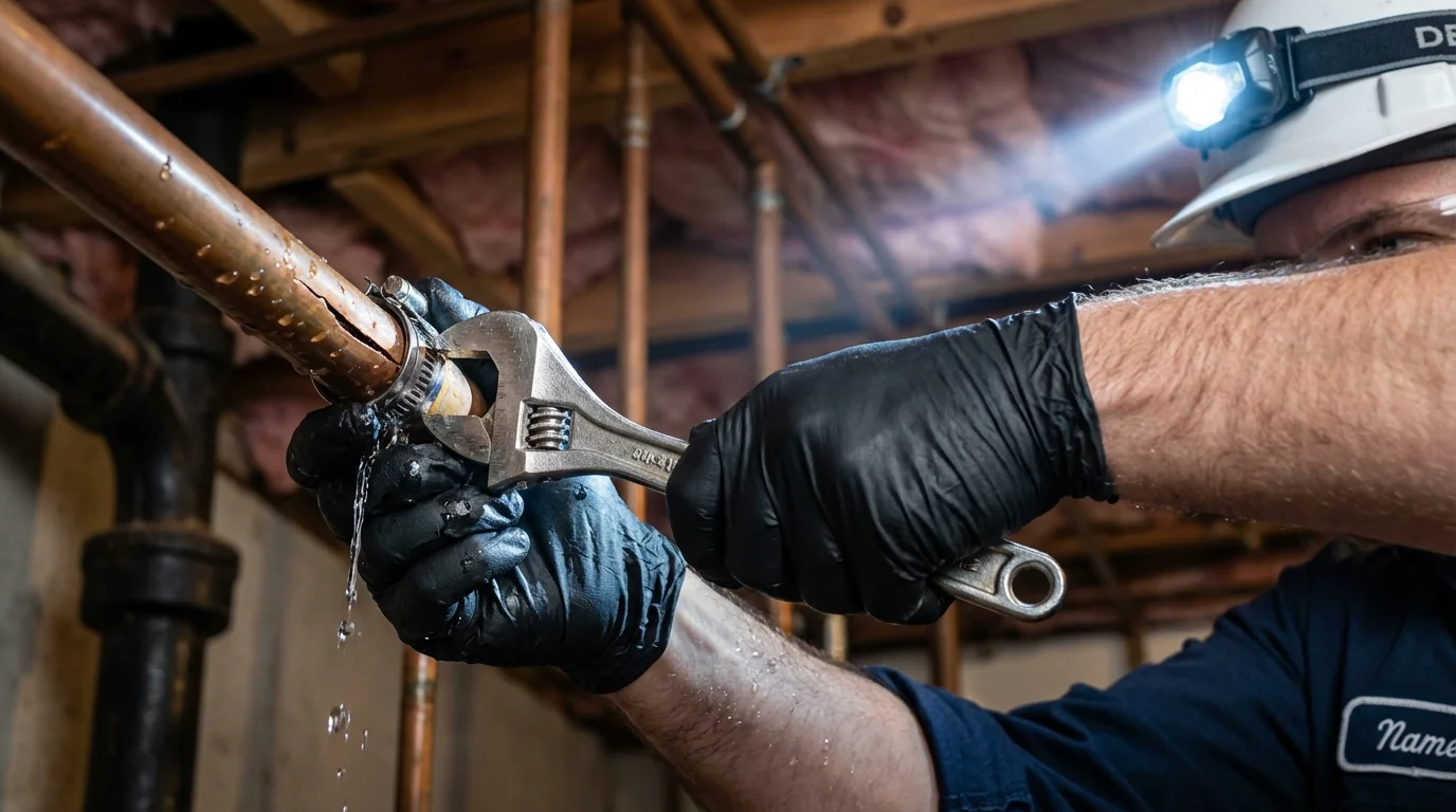 Emergency pipe clamp repair being performed by a Johns Plumbing LLC plumber in Sumrall